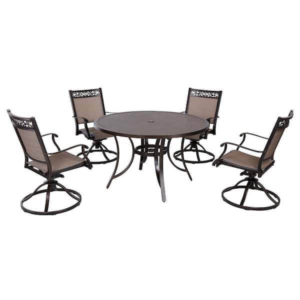 Mondawe Gamay 5-Piece Cast Aluminum Outdoor Dining Set with Round Umbrella Table, Swivel Sling Chairs