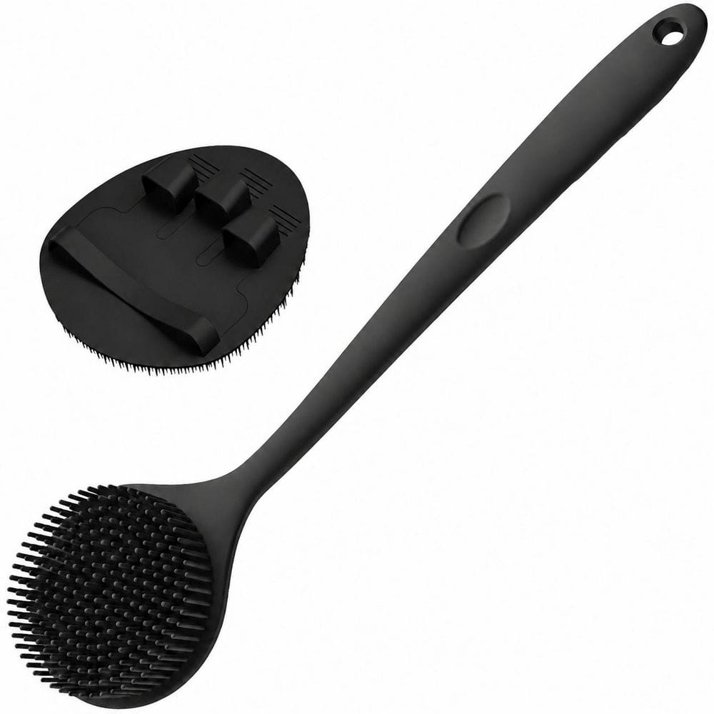 15 in. Silicone Back Scrubber and Bath Glove Brush Set with Long Handle, Soft Dense Bristles, Black, 2-Pack