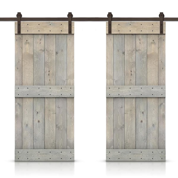 CALHOME Mid-Bar 80 in. x 84 in. Smoke Gray Stained DIY Solid Pine Wood Interior Double Sliding Barn Door with Hardware Kit
