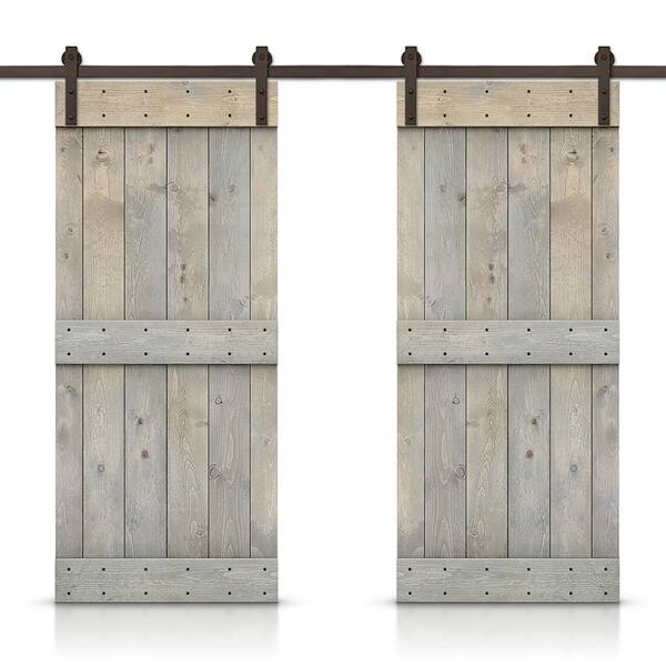 CALHOME Mid-Bar 92 in. x 84 in. Smoke Gray Stained DIY Solid Pine Wood Interior Double Sliding Barn Door with Hardware Kit