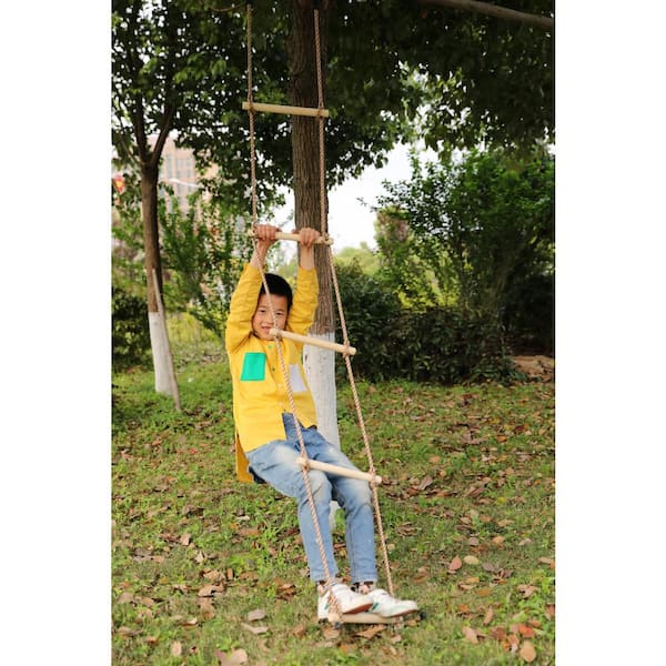 Outdoor Fun 5 Rungs Wooden Flat Seat Chair & Rope Climbing Ladder Swing Toy 