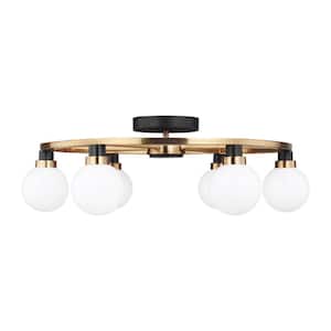 Ian 24 in. 6-Light Satin Brass and Black Contemporary Dimmable Semi-Flush Mount Ceiling Light with Opal Glass Shades