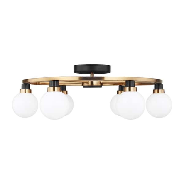 Generation Lighting Ian 24 in. 6-Light Satin Brass and Black Contemporary Dimmable Semi-Flush Mount Ceiling Light with Opal Glass Shades