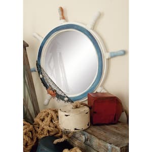 25 in. x 25 in. Ship Wheel Round Framed White Sail Boat Wall Mirror with Netting Accent