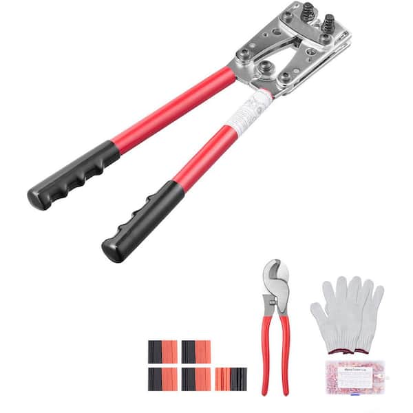 Battery Cable Lug Crimping Tool, 6 Wire Sizes Crimping Die, 10-1/0AWG with Cable Cutter and 48PCS Copper Ring Terminals