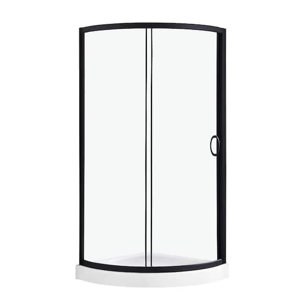 Breeze 32 in. L x 32 in. W x 76.97 in. H Corner Shower Kit with Clear Framed Sliding Door in Black and Shower Pan