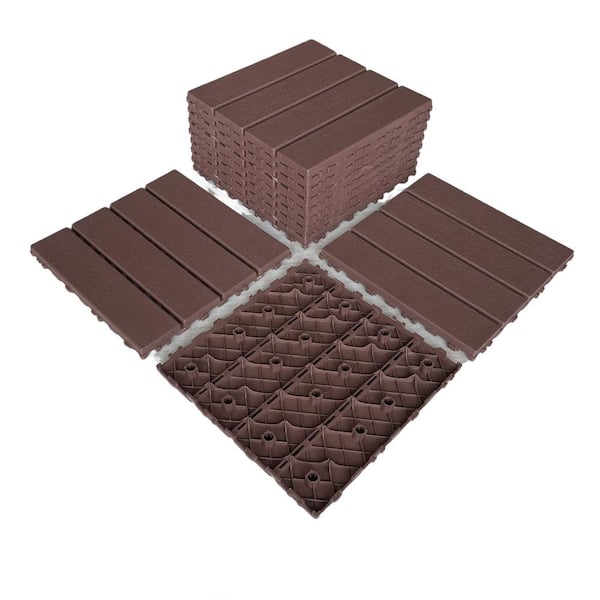 GOGEXX 12 in. x 12 in. Outdoor Square Plastic Interlocking Flooring Deck Tiles for Courtyard Garden (44 pieces) in Brown