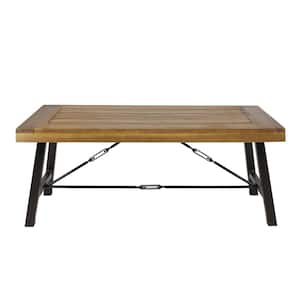 Catriona Rustic Metal Frame Rectangular Teak Brown Wood Outdoor Coffee Table