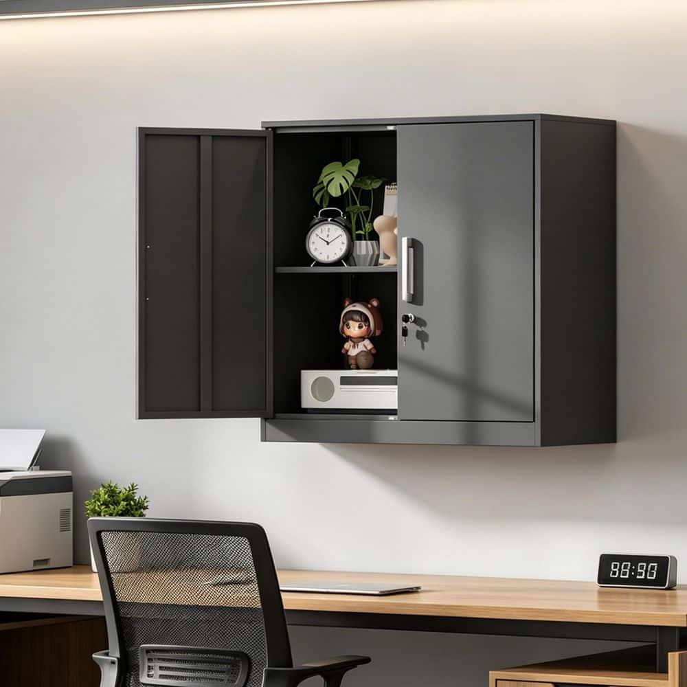 Black 27.95 in. H Metal Storage Cabinet Wall-Mounted Tool Storage Cabinet with Adjustable Shelf, Lock