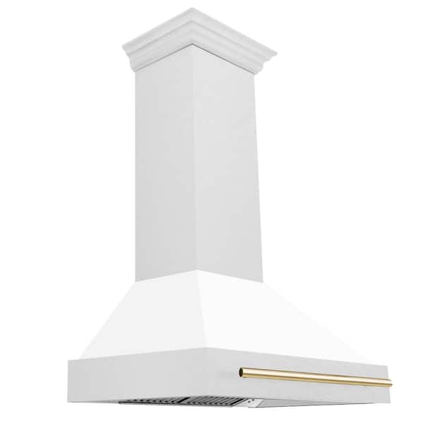 Autograph Edition 36 in. Satin Stainless Steel Wall Mount Range Hood with White Matte Shell and Polished Gold Handle