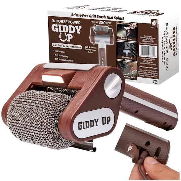 Giddy Up Grill Cleaner AS-SEEN-ON-TV-Cordless, Rechargeable BBQ Tool with 350 RPM Stainless Roller, LED Light