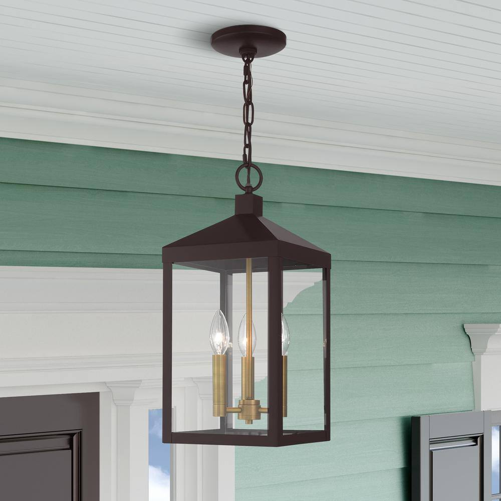Nyack Bronze and Brass 3-Light Outdoor Pendant Lantern