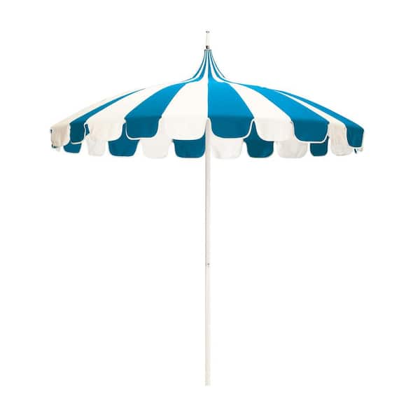 California Umbrella 8.5 ft. White Aluminum Commercial Natural Pagoda Market Patio Umbrella with Push Lift in Pacific Blue Sunbrella