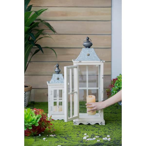 27.4 in. H Vintage Ivory White Wood Decorative Candle Lantern with