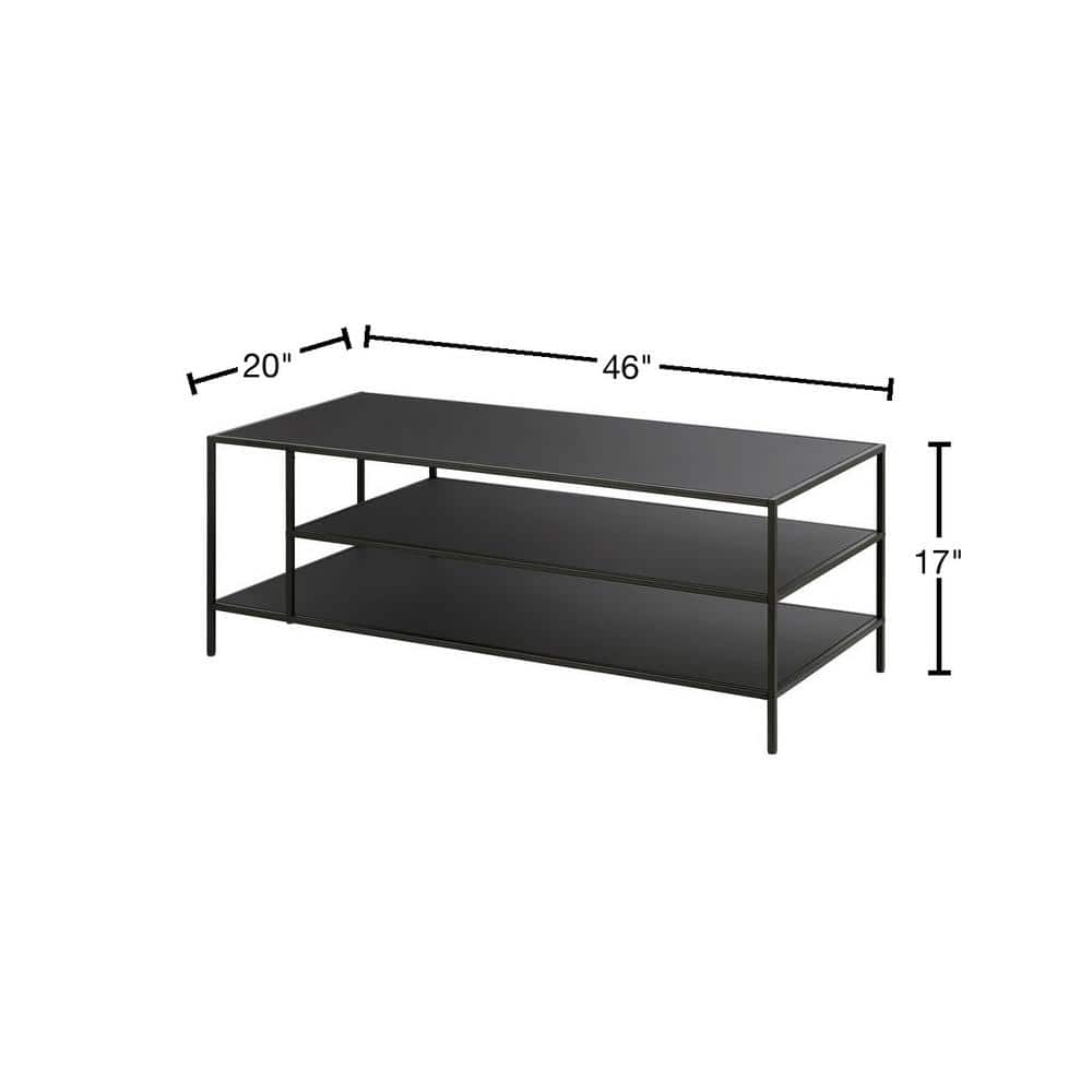 Modern Rectangular 46'' Metal Coffee Table with Glass Shelves in Blackened Bronze