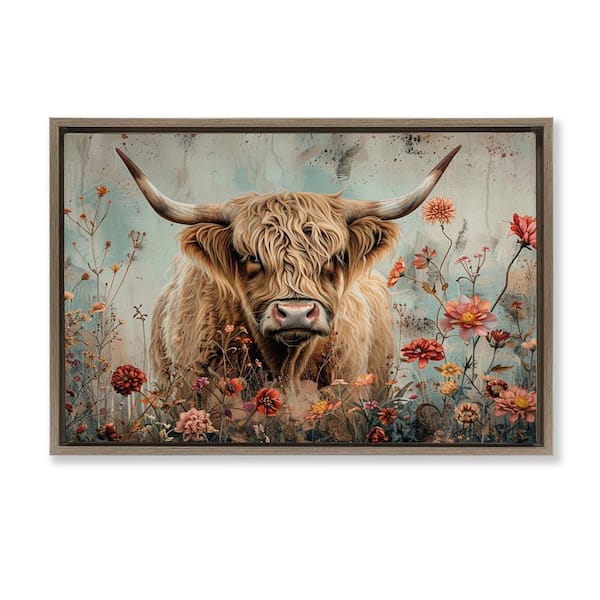 Stupell Industries Spring Blooms Highland Cow by LSR Design Studio Brown Floater Frame Animal Graphic Art Print 21 in. x 31 in.