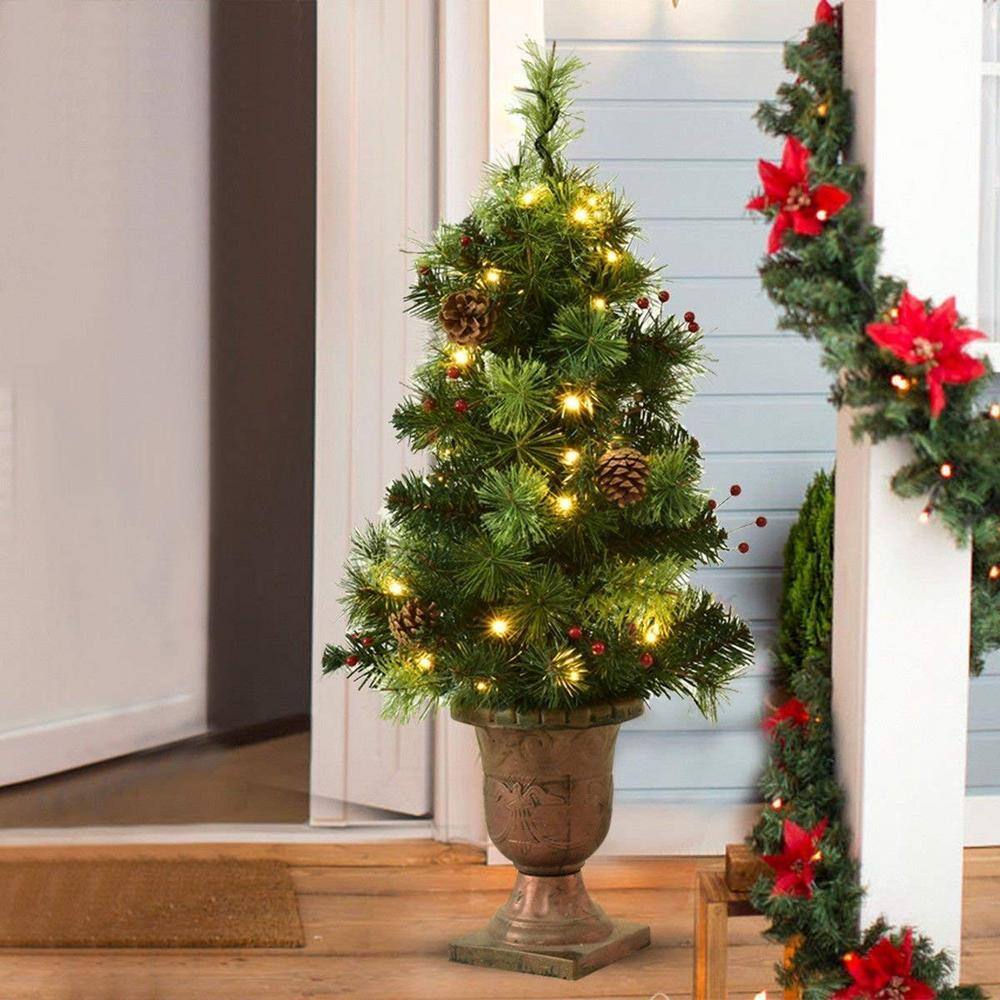 5-Foot Pre-Lit Green Christmas Tree with Pine Cones and Red Berries