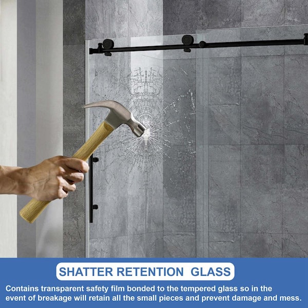 Aldeby 56 in. to 60 in. x 76 in. Frameless Sliding Shower Door with Shatter Retention Glass in Matte Black Aldeby 56 in. to 60 in. x 76 in. Frameless Sliding Shower Door with Shatter Retention Glass in Matte Black