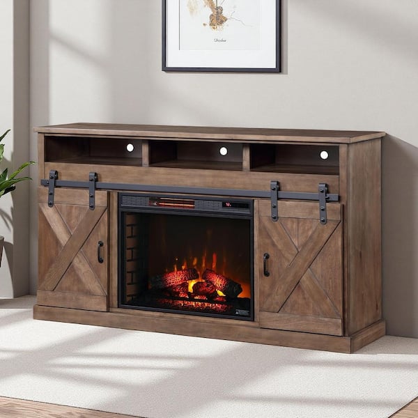 66 in. TV Stand with 28 in. Electric Fireplace Insert, Barnwood Finish, Sliding Barn Doors, Heats up to 400 Sq. Ft.