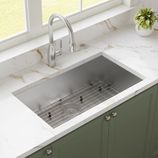 32 in. Undermount Single Bowl 16-Gauge Brushed Stainless Steel Kitchen Sink with Bottom Grids