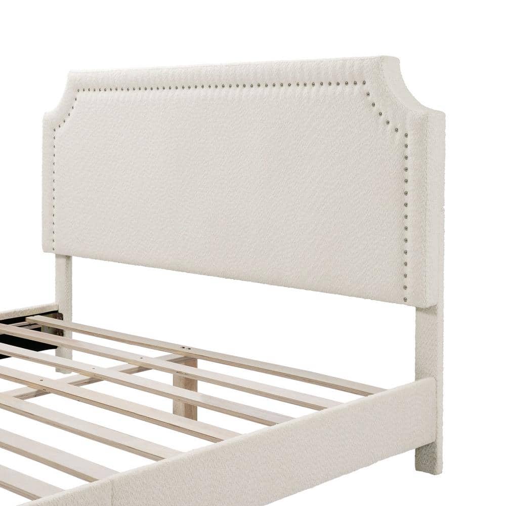 White Boucle Upholstered Queen Bed with Nailhead Trim and Wood Frame