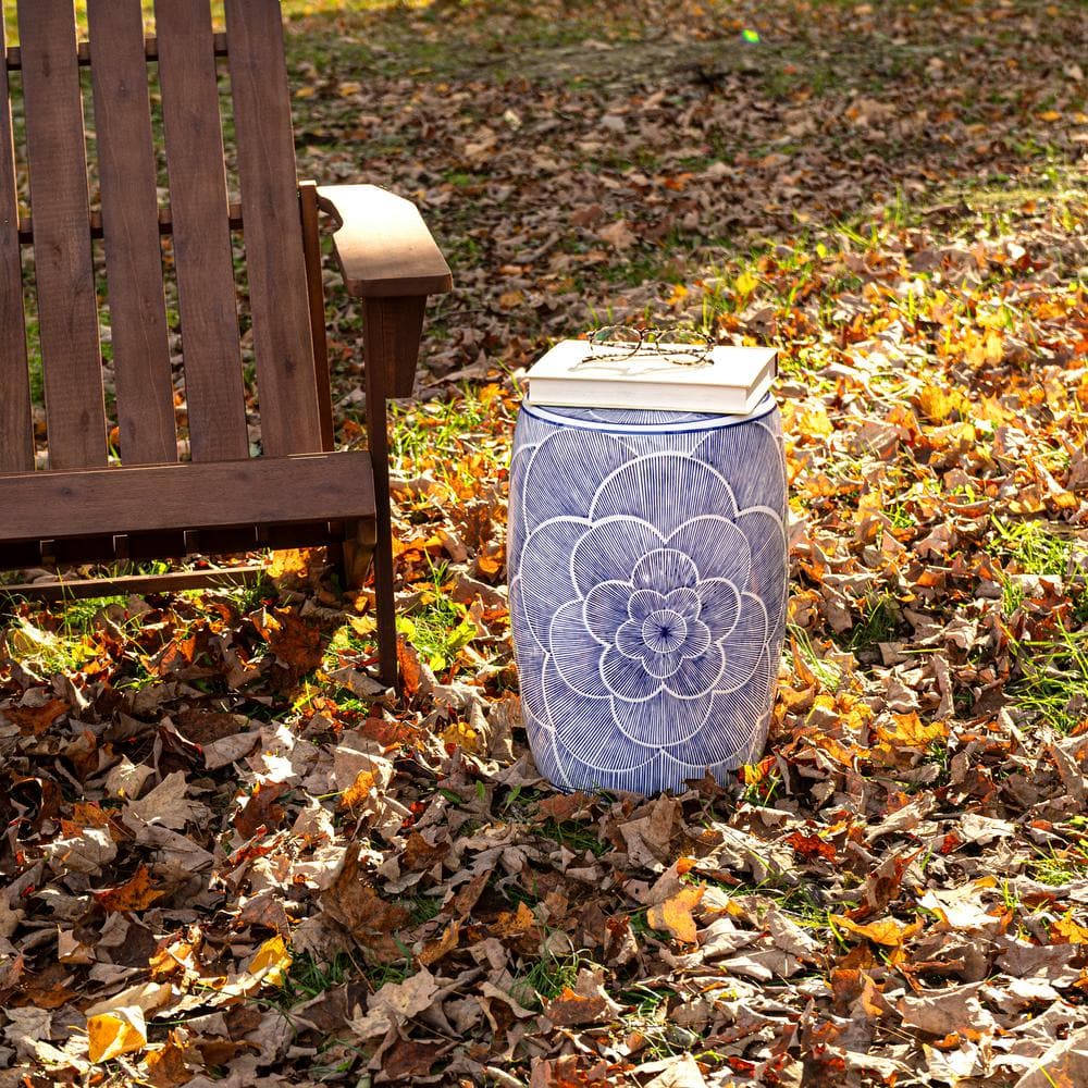 Camellia 17" White and Blue Ceramic Drum Garden Stool