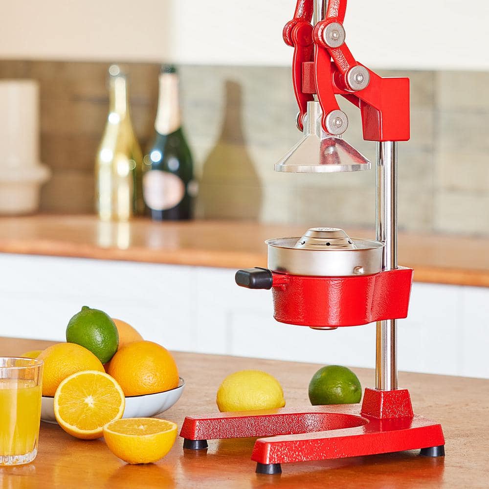 Red Cast Iron Hand Press Citrus Juicer with Stainless Steel Strainer