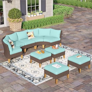 Brown Rattan Wicker 9 Seat 9-Piece Steel Patio Outdoor Sectional Set with Blue Cushions