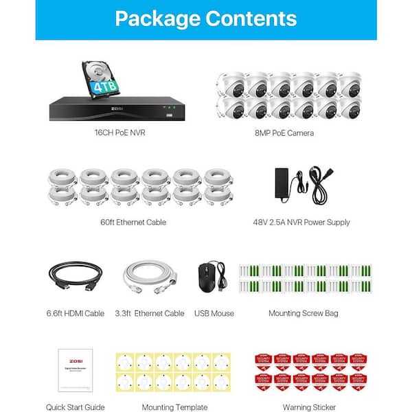 ZOSI 4K Ultra HD 16-Channel POE 4TB NVR Security Camera