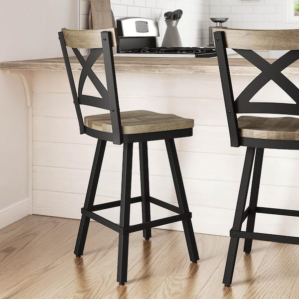 Amisco Jasper 26 in. Beige Distressed Wood/Black Metal Swivel Counter Stool