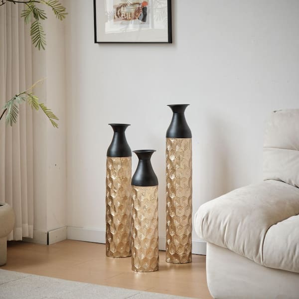 25 in., 29 in., 34 in. 3-Piece Black and Gold Metal Decorative Cylinder Floor Vases
