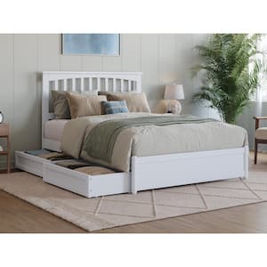 Everett White Solid Wood Frame Full Platform Bed with Panel Footboard and Storage Drawers
