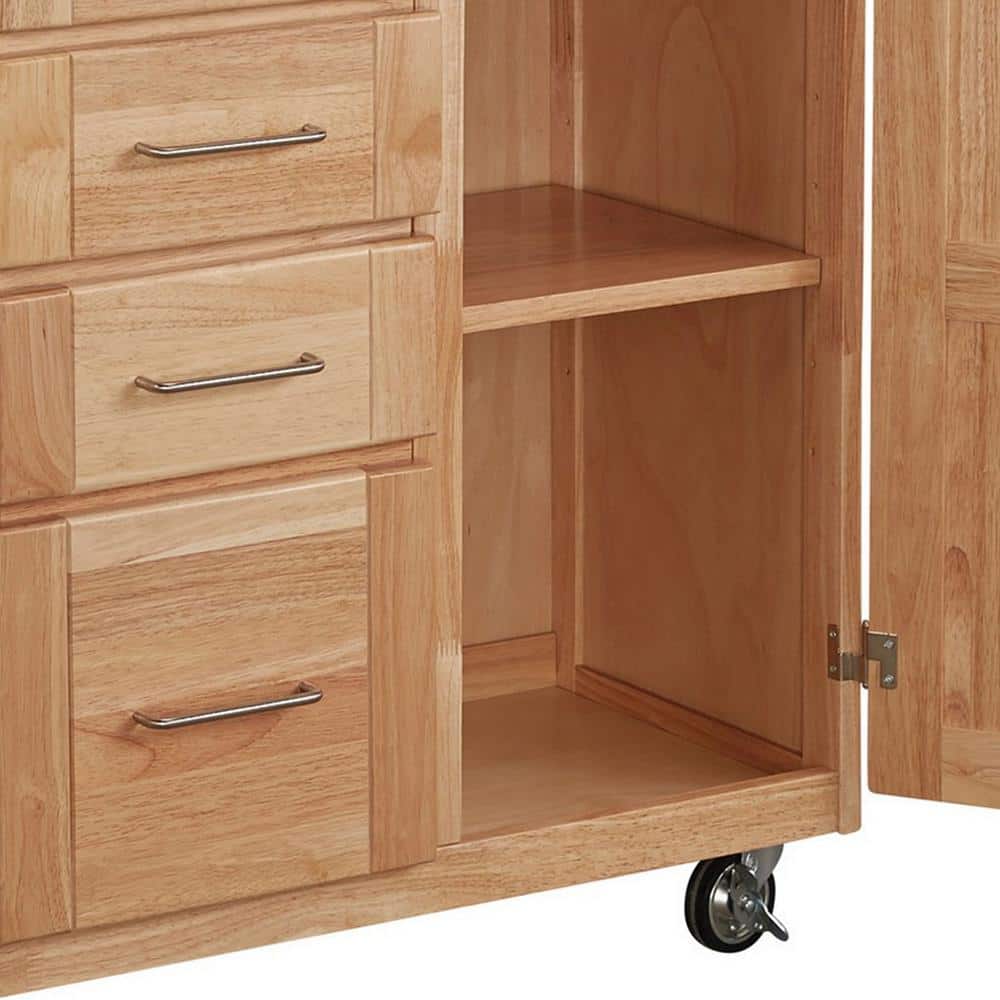 Natural Oak Drop-Leaf Rectangular Kitchen Cart with Spice Rack and Storage
