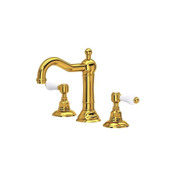 Acqui 8 in. Widespread Bathroom Sink Faucet with Drain in Unlacquered Brass