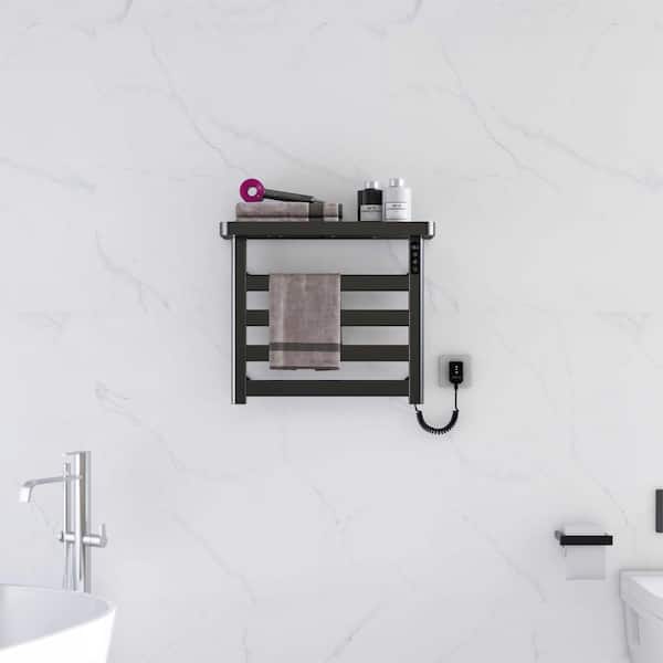 4-Bar 95-Watt Wall Mounted Electric Plug-In Bathroom Towel Warmer with Touch LED Screen Digital Display, Shelf in Black