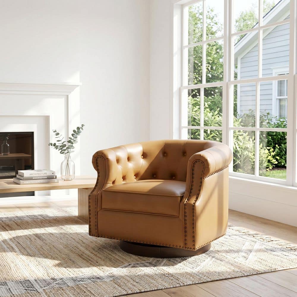 Eryx Modern Brown PU Faux Leather Upholstered Accent Arm Chair Swivel Barrel Chair with Tufted Curved Backrest price history on PriceWatchPro