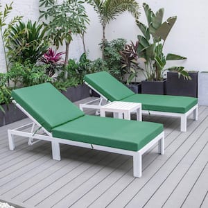 Chelsea Modern White Aluminum Outdoor Patio Chaise Lounge Chair with Side Table and Green Cushions Set of 2