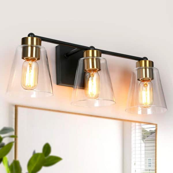 Uolfin Modern Bell Bathroom Vanity Light 3-Light Black and Brass Wall Sconce Light with Clear Glass Shades
