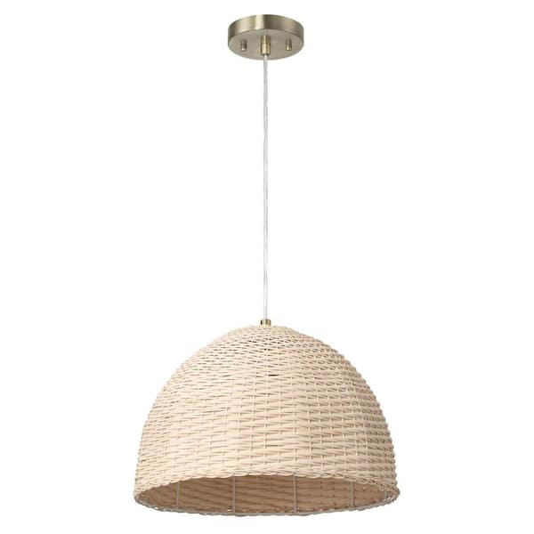 Robert Stevenson Lighting Calypso 1-Light Brushed Brass Canopy Metal Pendant Light with Handwoven Rattan Dome Shade, No Bulbs Included