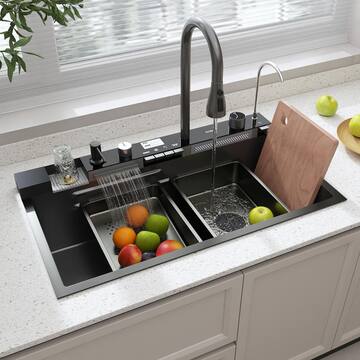 FUFU&GAGA 31.5 in. Drop-in Single Bowl Black 304 Stainless Steel Kitchen Sink Flying Rain Waterfall, Pull-Down Faucet Kitchen Set KF210310-01