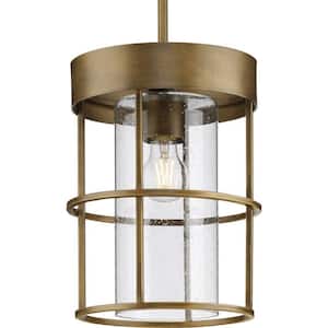 Burgess Collection 9-1/2 in. 1-Light Aged Bronze Modern Farmhouse Pendant with Clear Seeded Glass Shades
