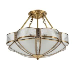 17.71 in. 4-Light Gold Retro Flower-Shaped Semi-Flush Mount Ceiling Light with Glass Shade, No Bulbs Included