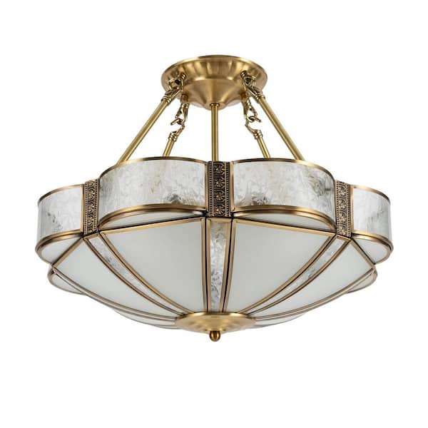 OUKANING 17.71 in. 4-Light Gold Retro Flower-Shaped Semi-Flush Mount Ceiling Light with Glass Shade, No Bulbs Included