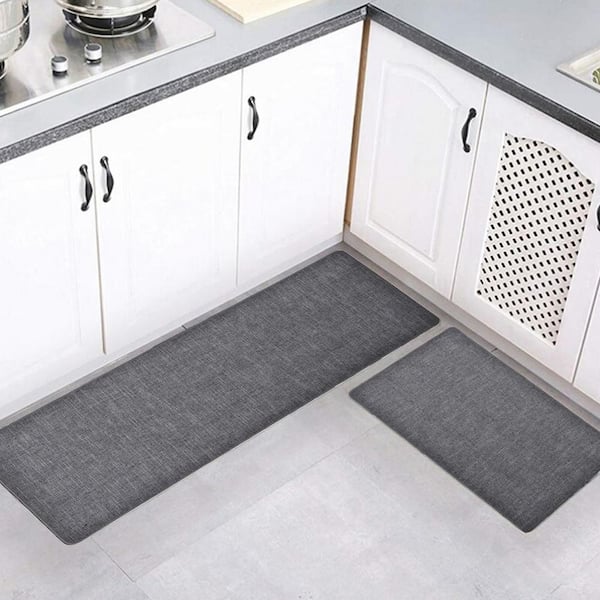 Woven Effect Dark Grey 18 in. x 47 in. and 18 in. x 32 in. Polyester Set of Kitchen  Mat L47019933SET2 - The Home Depot