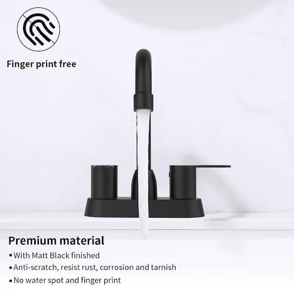 4 in. Centerset Double Handle High Arc Bathroom Sink Faucet with Drain Kit in Matte Black