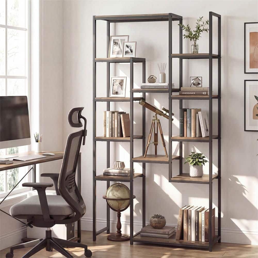 71 in. Wood Bookshelf Industrial Bookcase with 12-Storage Shelves and Heavy-Duty Metal Frame Walnut-1