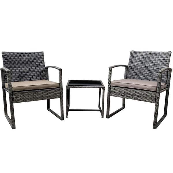 Pyramid Home Decor Vesso 3-Piece Wicker Rattan Outdoor Patio Furniture Modern Bistro Set with Coffee Table with Coffee Cushion