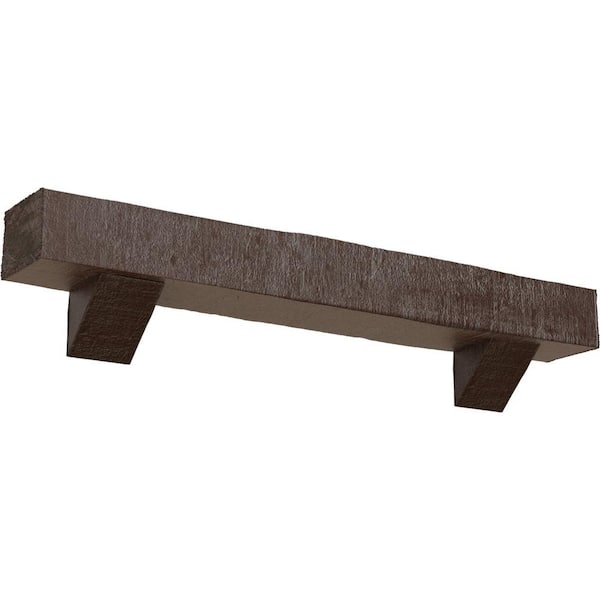 Ekena Millwork 4 in. x 4 in. x 7 ft. Rough Cedar Faux Wood Fireplace Mantel Kit, Breckinridge Corbels, Aged Pecan