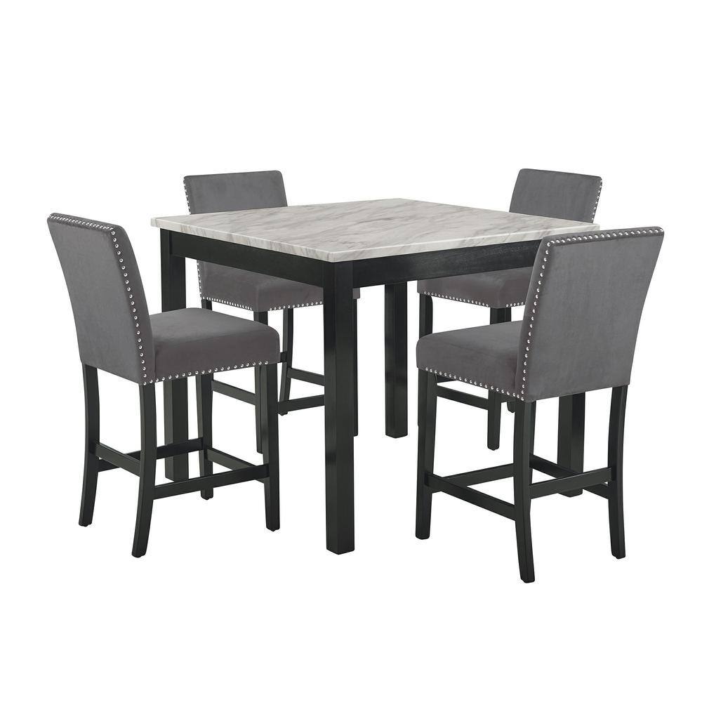 Celeste 5-Piece Gray Faux Marble Counter Dining Set with Velvet Chairs
