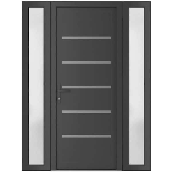 58 in. x 80 in. Right-hand/Inswing Frosted Glass Antracite Grey Steel Prehung Front Door with Hardware
